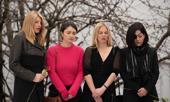 Sharon Horgan, Eve Hewson, Eva Birthistle, and Sarah Greene stand near a tree in Apple TV+'s Bad Sisters.