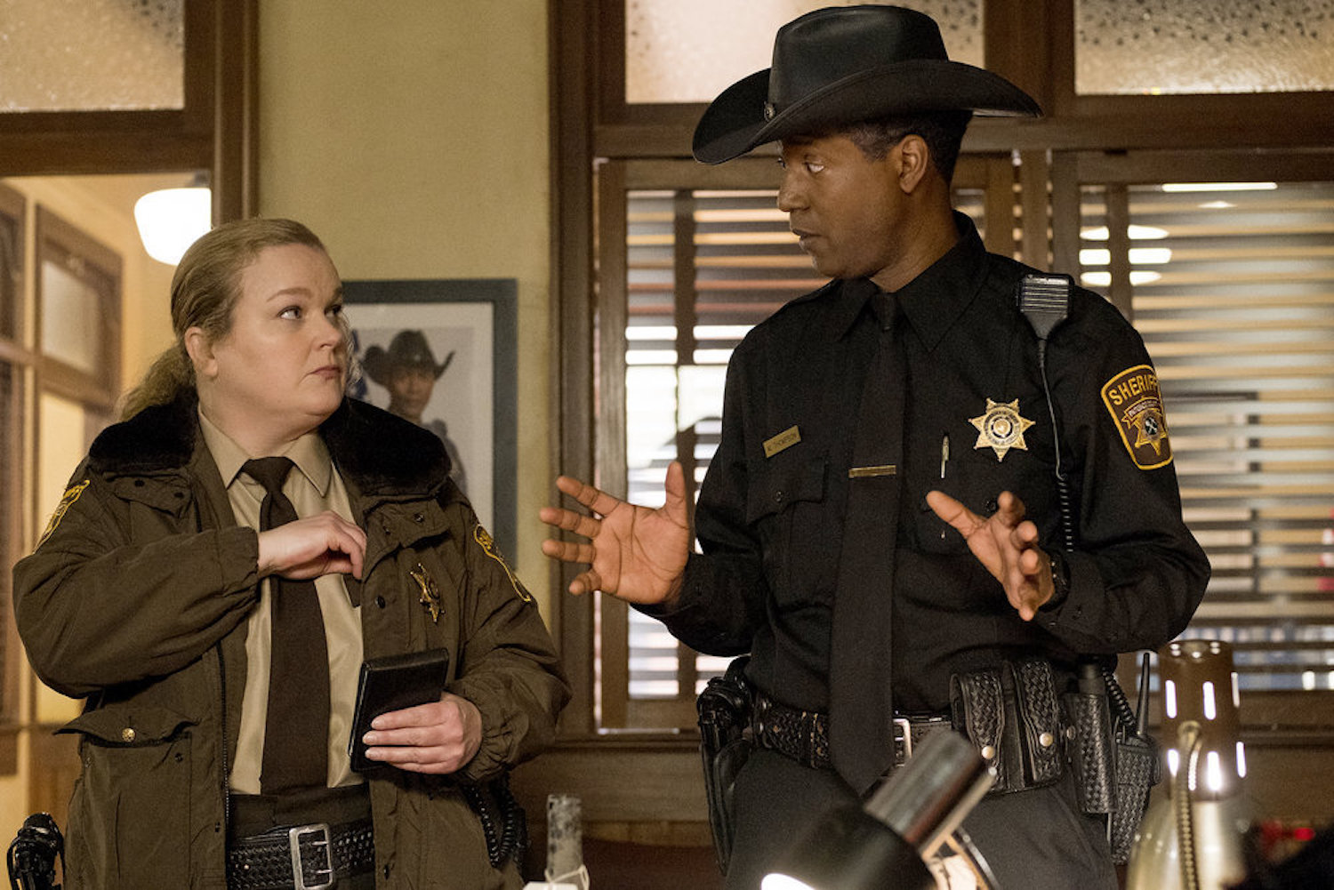 Sheriff Thompson and his deputy Liv Baker talk in his office