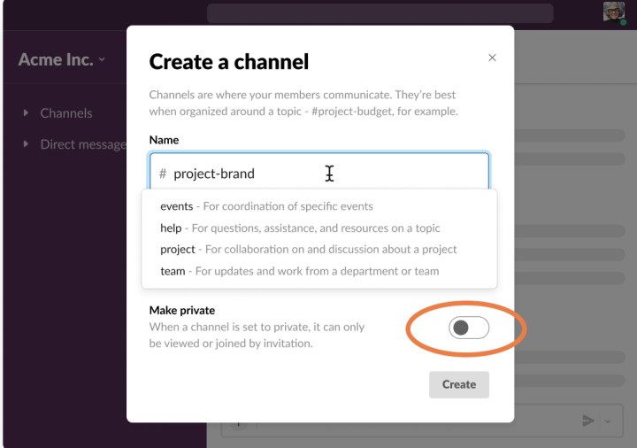 Create a channel menu in Slack.