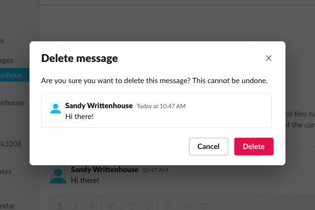 Delete message confirmation in the Slack desktop app.