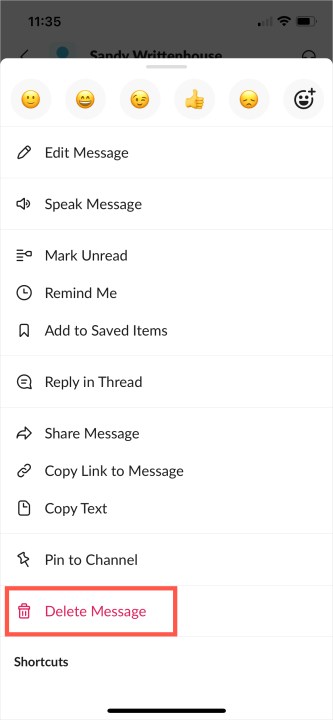 Delete a message in the Slack mobile app.