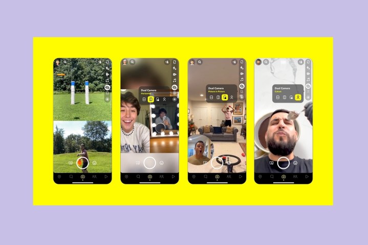 Серия из четырех мобильных скриншотов, показывающих новую функцию двойной камеры Snapchat в действии.