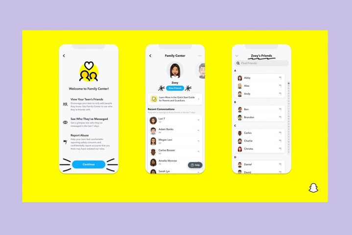 Une série de trois captures d'écran mobiles montrant la fonctionnalité Snapchat Family Center en action, le tout sur un fond jaune vif.