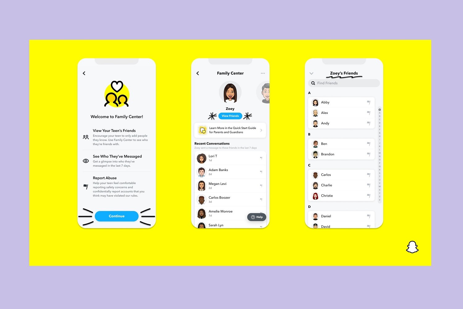 A series of three mobile screenshots showing the Snapchat Family Center feature in action all on a bright yellow background.