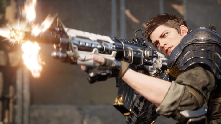 Characters aim and fire a gun in The First Descendant.