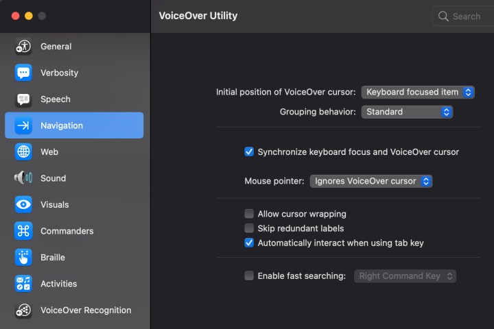 The navigation menu in VoiceOver Utility.