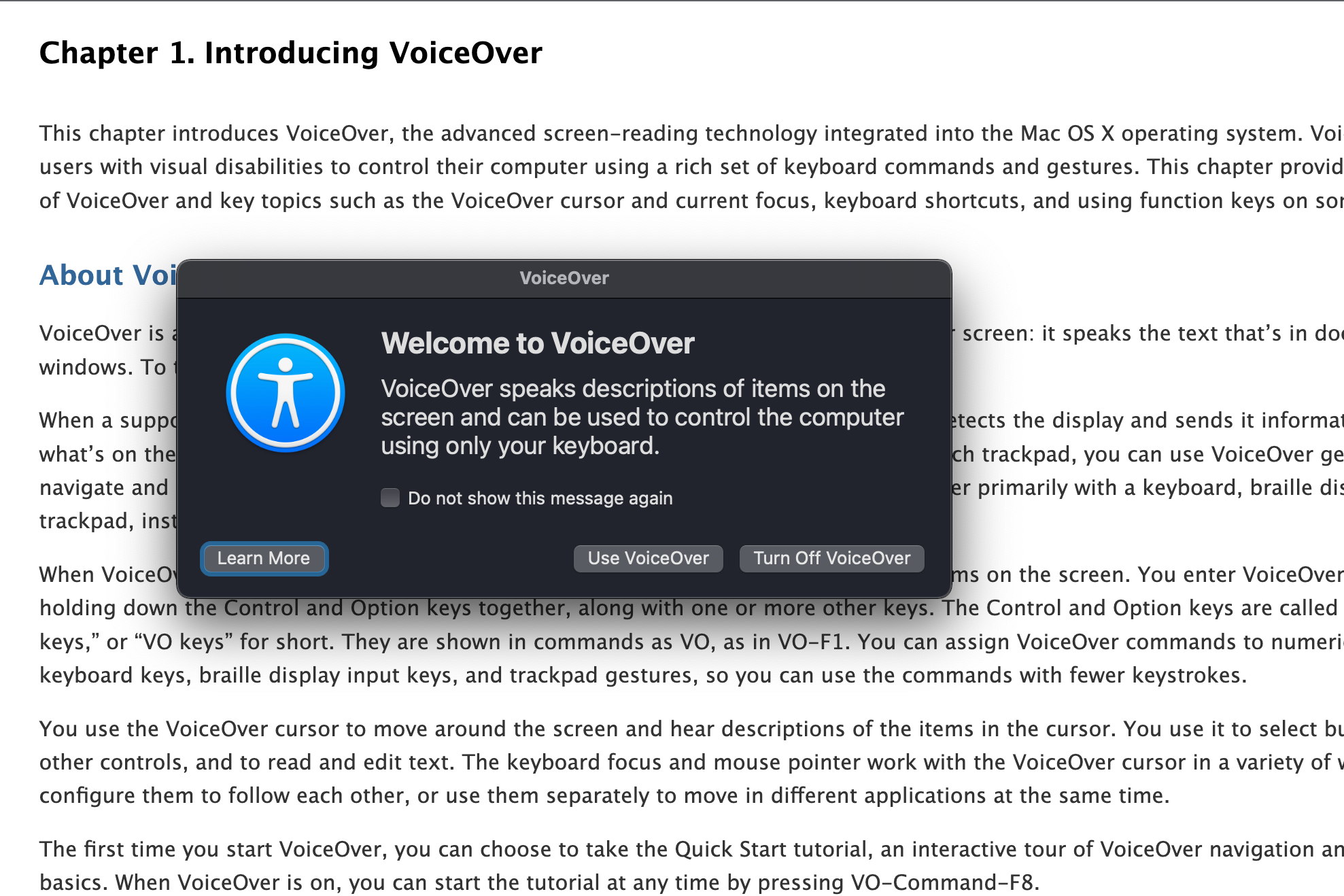La ventana emergente de activación de VoiceOver.