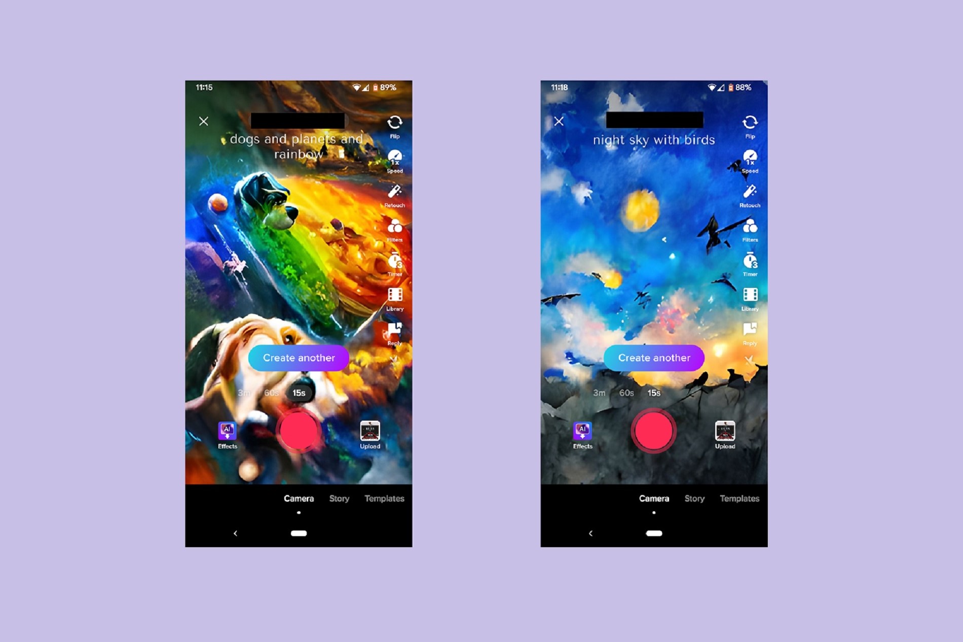 Dos imágenes de filtro TikTok AI Greenscreen generadas en un teléfono Android.