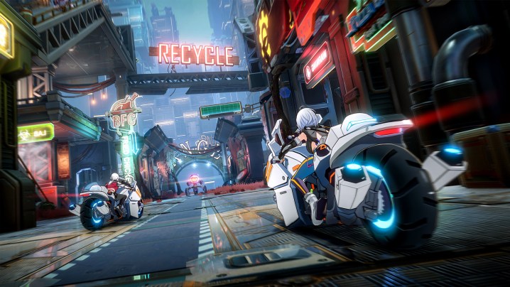 Two characters riding motorcycles in a neon city.