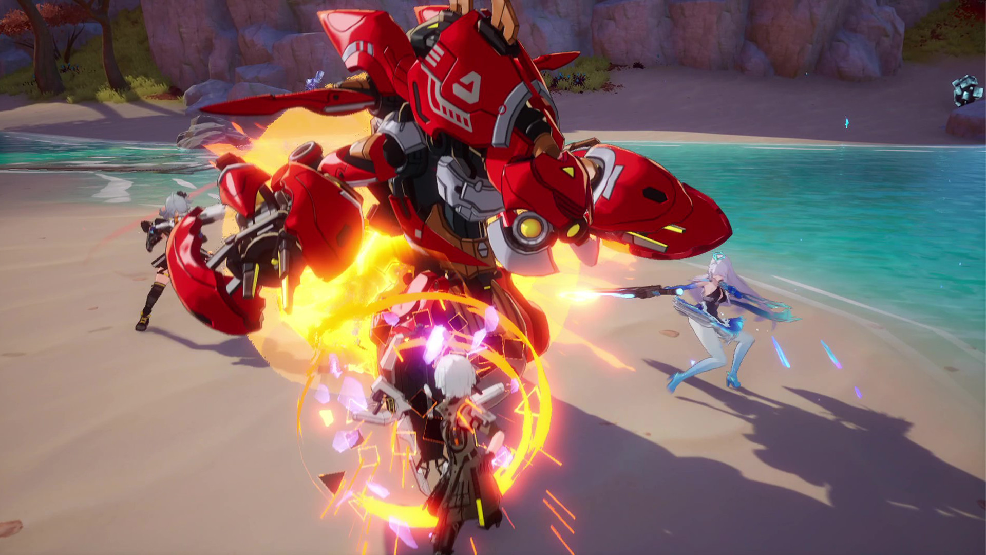 Jugadores luchando contra un gran robot rojo.
