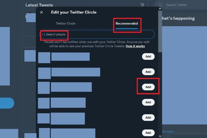 The Recommended tab of the Edit your Twitter Circle screen on Twitter for desktop web.