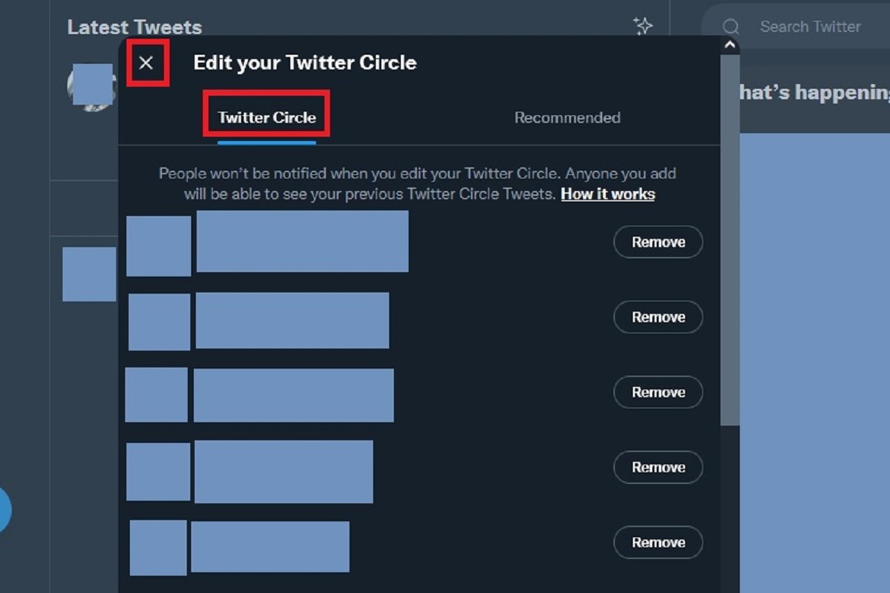 La pestaña Twitter Circle de la pantalla Edit your Twitter Circle en Twitter para la web de escritorio.