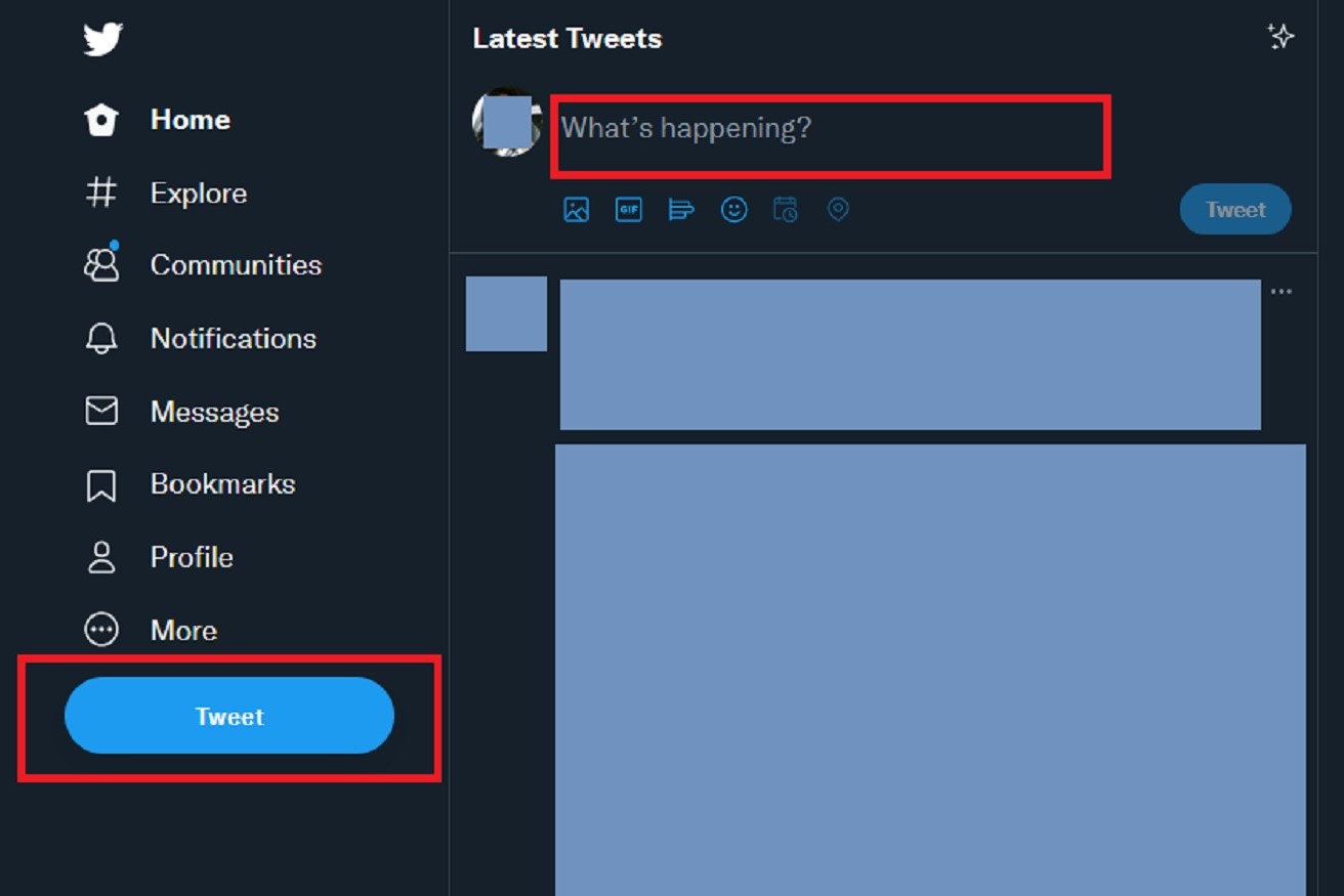 A página inicial do Twitter na web para desktop mostrando o botão Tweet e o botão O que está acontecendo?  caixa de texto.