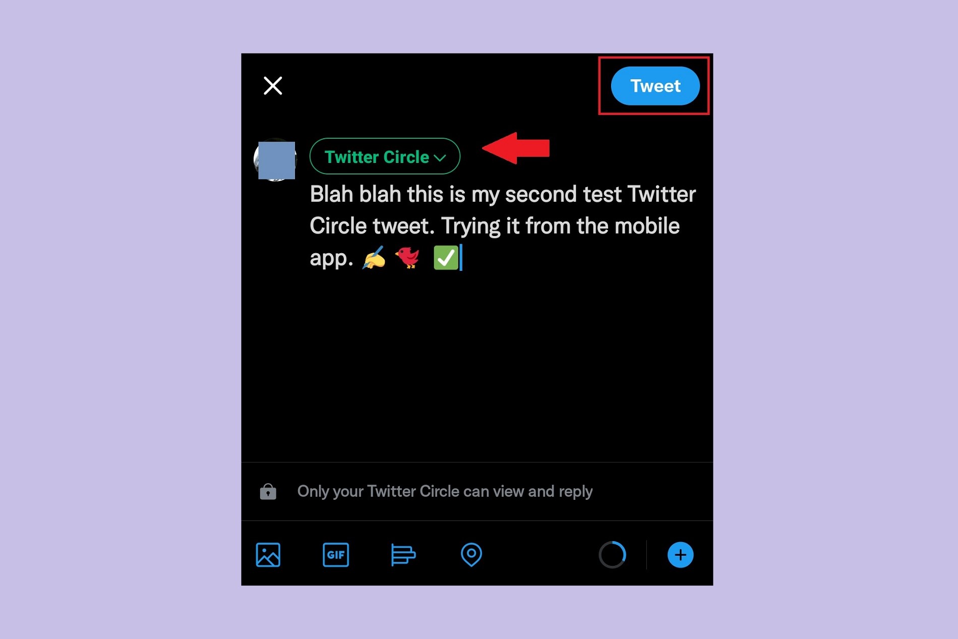 La pantalla del editor de tweets de la aplicación móvil de Twitter con Twitter Circle.