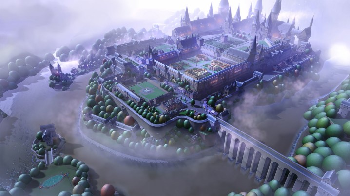 An overhead view of a misty college.