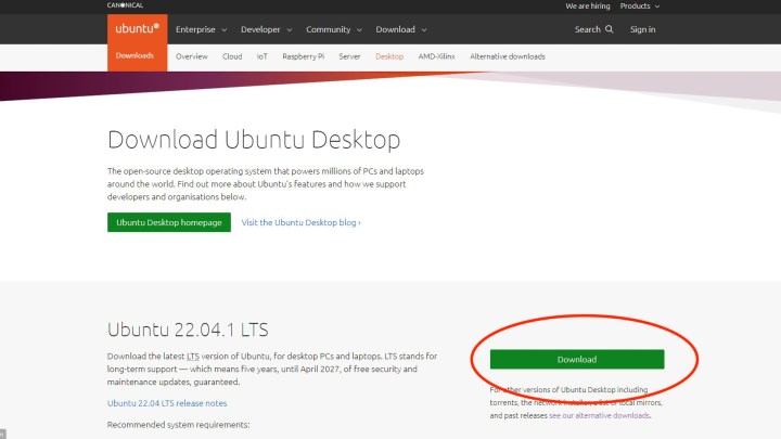 The Ubuntu download button circled in red