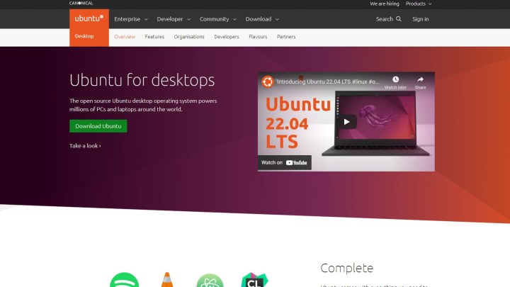 The Ubuntu site with download button 