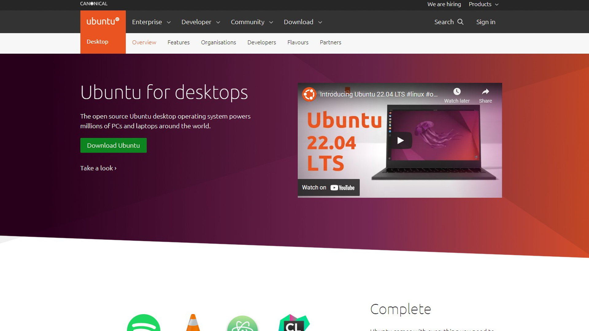 El sitio de Ubuntu con botón de descarga 