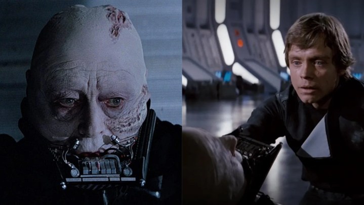 Split image of Vader unmasked and Luke holding him in his final moments.