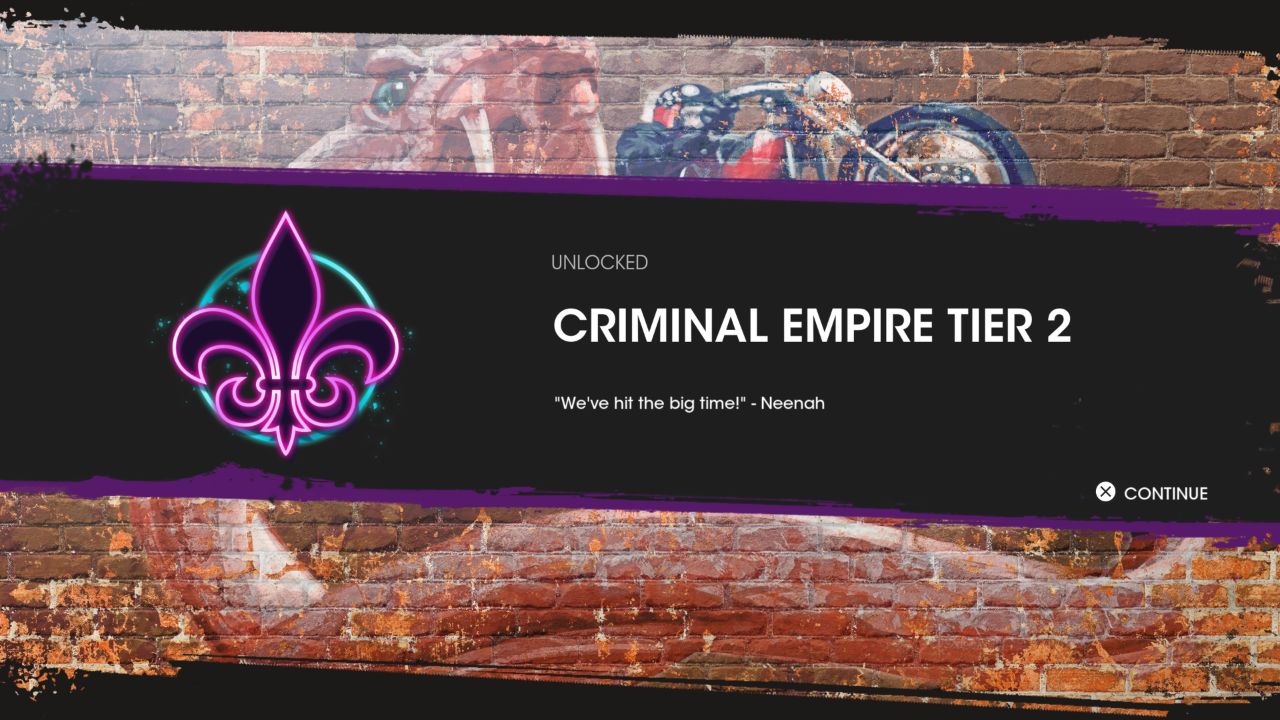 A Saints Row menu showing an upgraded Criminal Empire.
