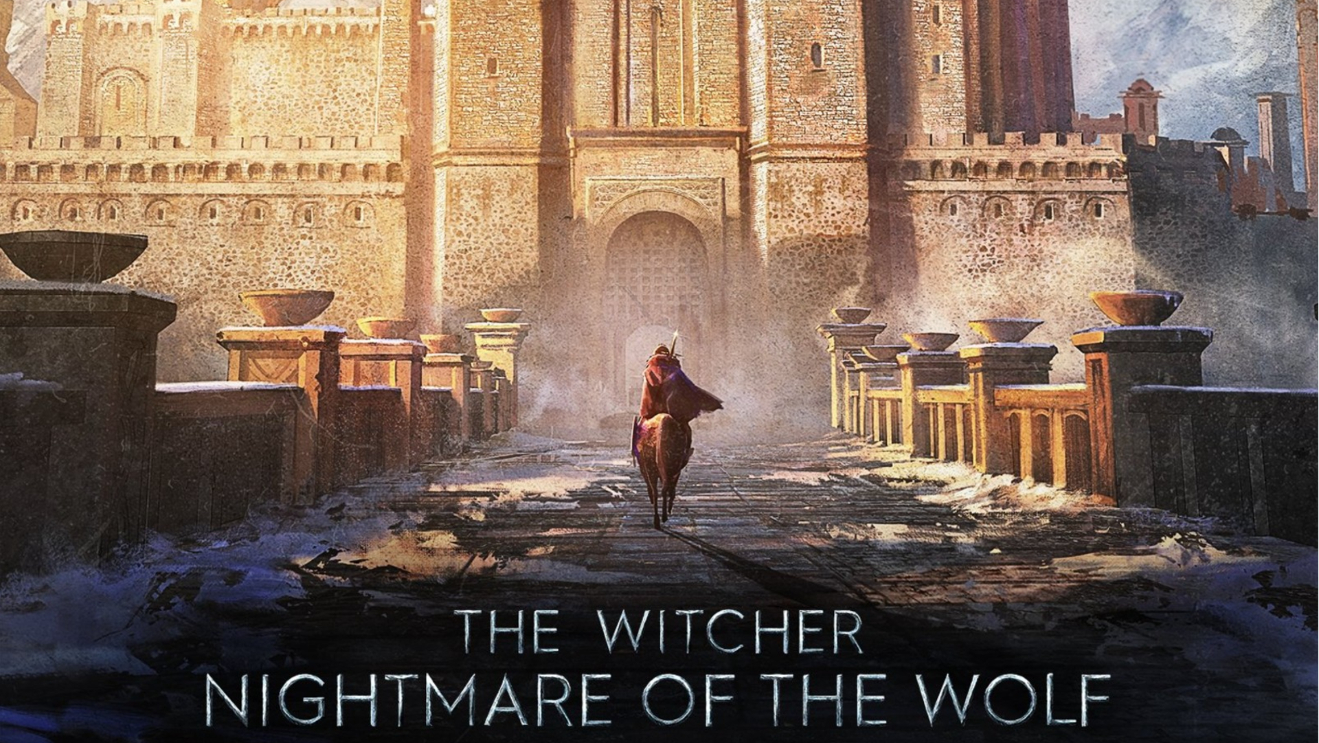 Cartaz promocional do filme prequel de The Witcher com Vesemir cavalgando em direção a Kaer Morhen.