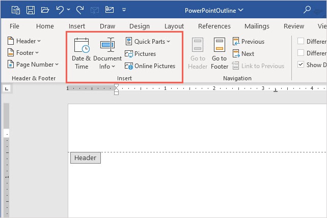 درج بخشی از تب Header and Footer در Word.