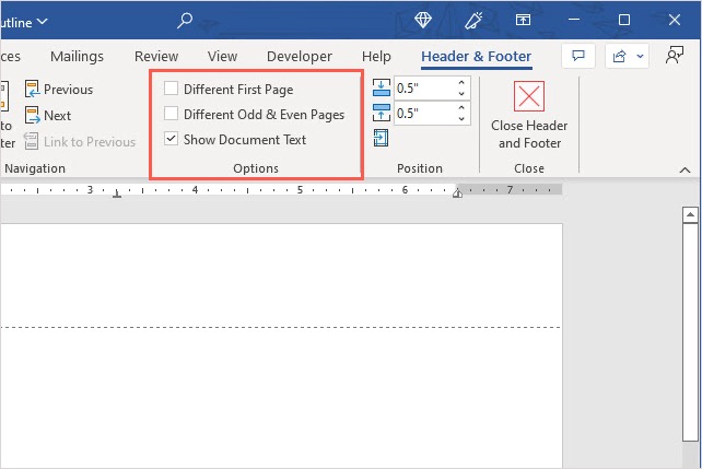 تب Options سربرگ و پاورقی در Word.