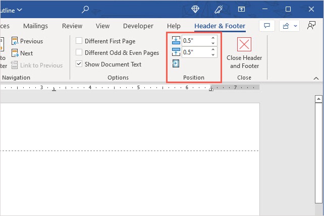 قسمت Position از تب Header and Footer در Word.