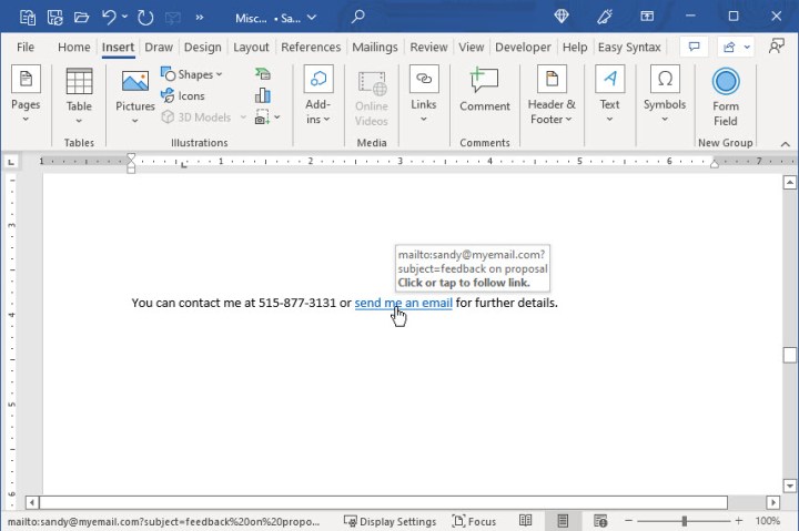 Text linked to an email address in Word.