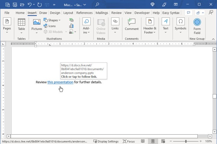 Text linked to a file in Word.