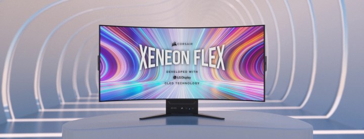 The Xeneon Flex monitor with multi-colored waves on the screen