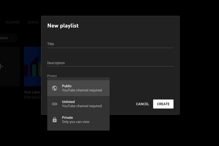 Creating new playlist for Youtube Music.