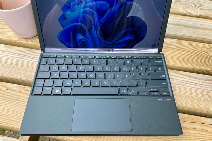The Asus Zenbook Fold 17 with its Bluetooth keyboard attached.