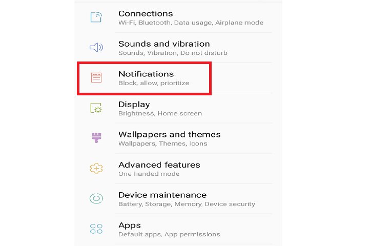Opción de notificaciones en un teléfono Samsung.