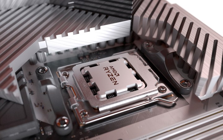 An AMD Ryzen 7000 processor slotted into a motherboard.