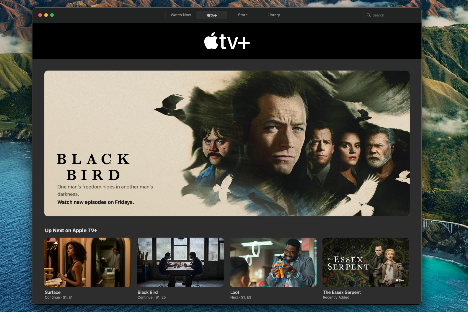 La pantalla de inicio de Apple TV Plus con Black Bird.