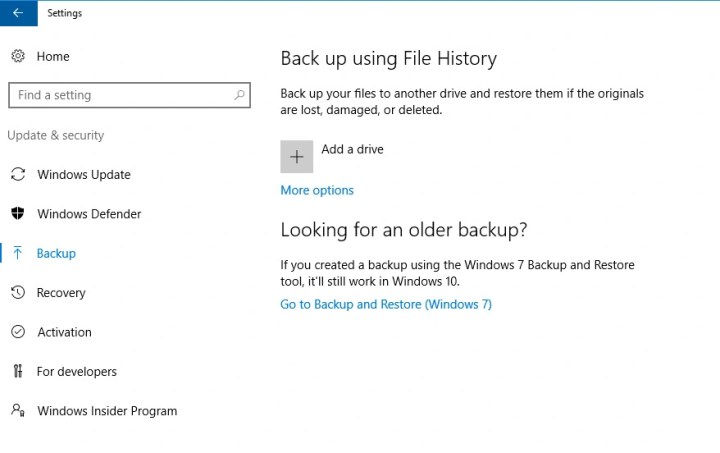 صفحه تاریخچه فایل در تنظیمات ویندوز 10.