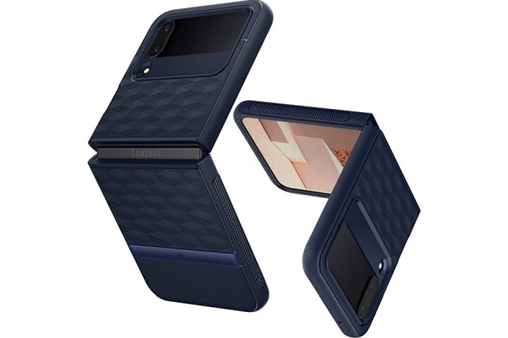 Caseology Parallax Case in blue for the Samsung Galaxy Z Flip 4, showing the case at various angles.