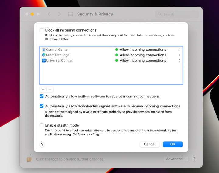 Defina as configurações de firewall do MacOS.