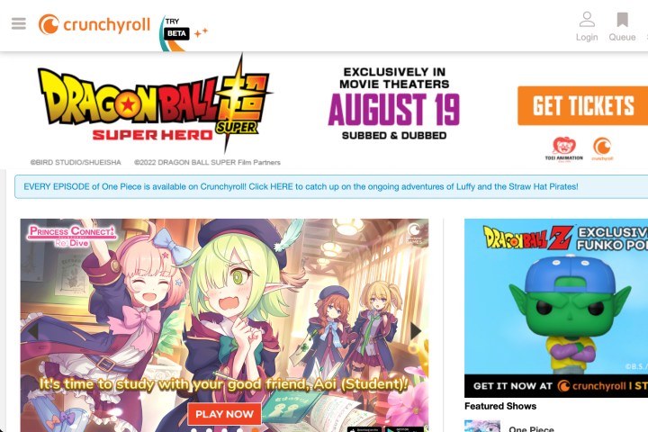 The Crunchyroll.com home page.