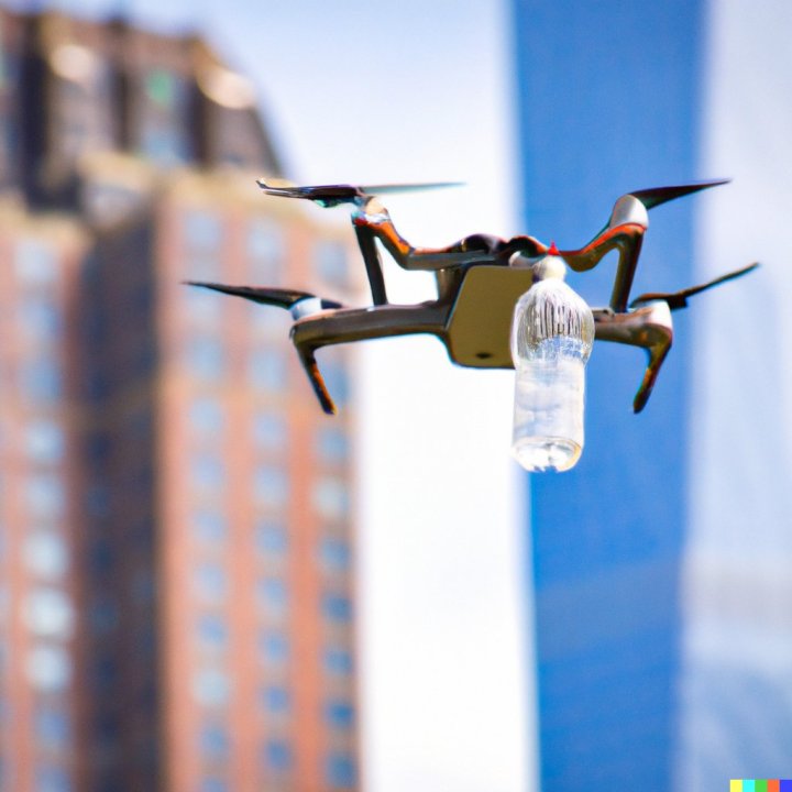 An algorithmically generated image of a drone delivering bottled water.