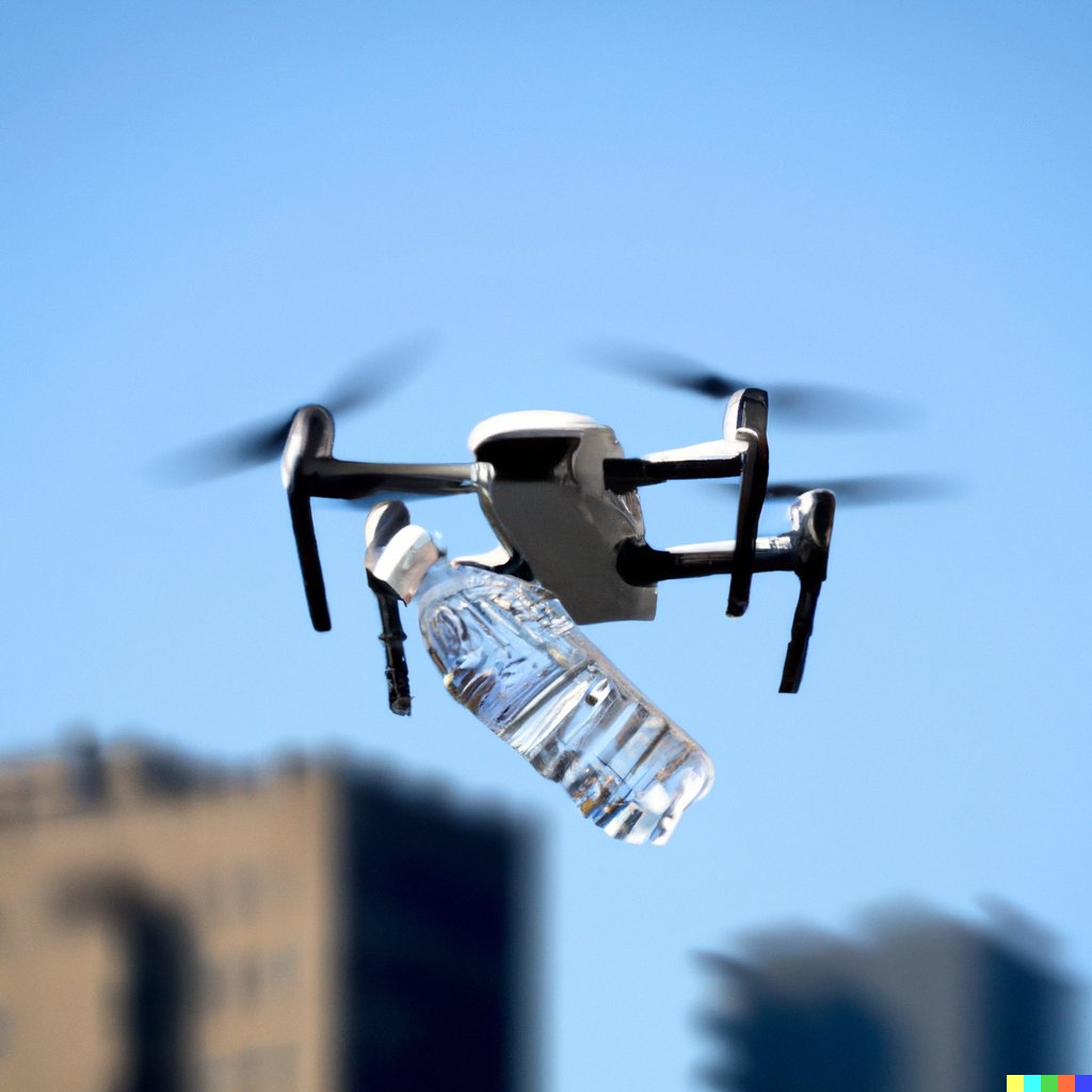uma imagem gerada por algoritmo de um drone entregando água engarrafada
