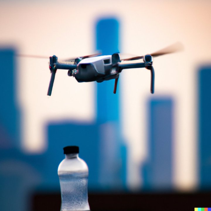 An algorithmically generated image of a drone delivering bottled water.