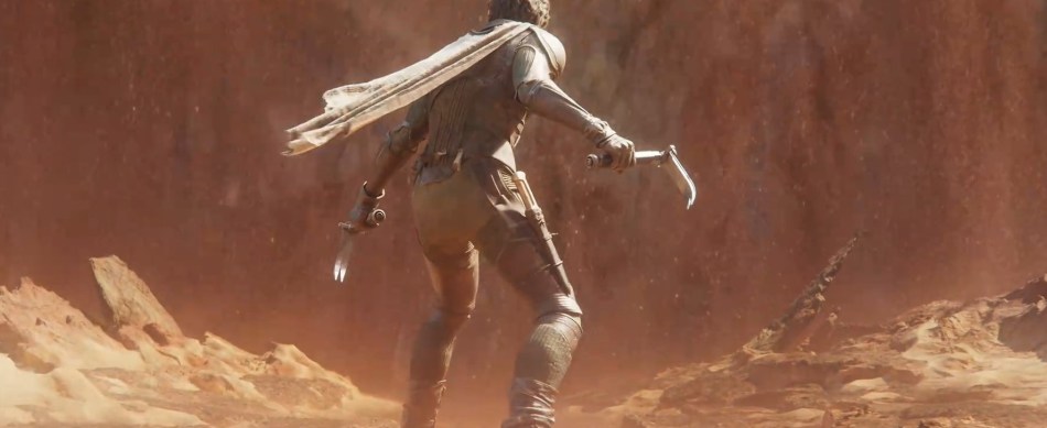 Character from Dune Awakening looking at a sandstorm.