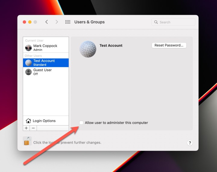 Enable or disable administrator rights in MacOS.