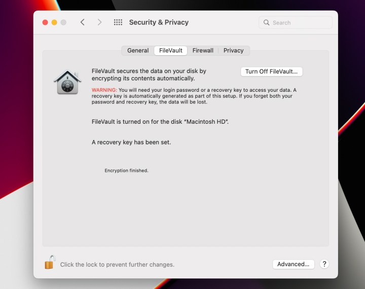 رمزگذاری MacOS FileVault کامل شده است.