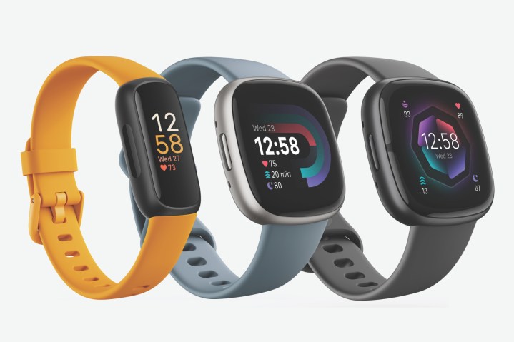 Renders of the Fitbit Inspire 3, Versa 4, and Sense 2 lined up side by side.