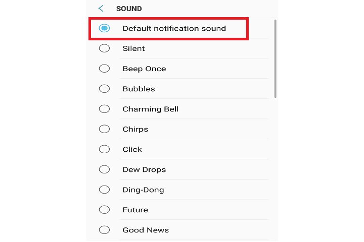 Opción de sonido de notificación predeterminada en el teléfono Samsung.