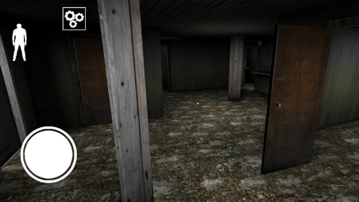 A creepy shot from Granny Chapter Two showing a hallway with multiple doors off it leading to dark rooms.