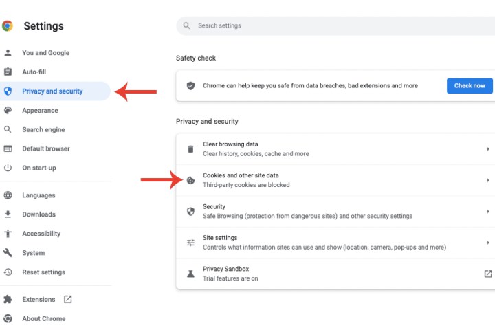 L'option pour les cookies et autres données de site dans Google Chrome.